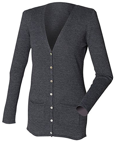 Henbury Ladies/Womens V-Neck Button Fine Knit Cardigan (L) (Grey Marl)