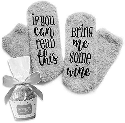 Wein Kuschel-Socken „If You can read this bring me some wine“ lustiges cupcake Socken Geschenk für Frauen, grau