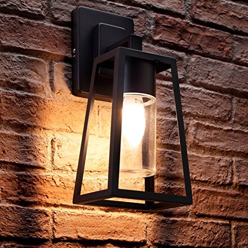 Auraglow Black Outdoor Hanging E27 LED Candle Lantern Wall Light Lamp (Warm White) | Aluminium frame with glass diffuser, E27 LED bulb included, IP44, downward glow for porch and front door