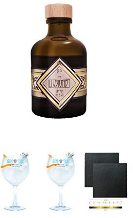 The Illusionist Dry Gin 0,05 Liter Miniatur + Gin Sul Copo Ballon Glas 1 Stück + Gin Sul Copo Ballon Glas 1 Stück + Schiefer Glasuntersetzer eckig ca. 9,5 cm Ø 2 Stück