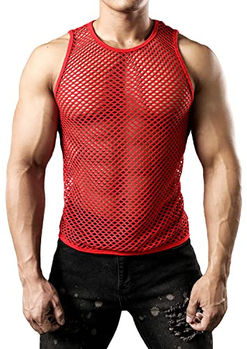 JOGAL Men's Mesh Tank Top Fishnet Shirts Halloween Costume | See Through, Sexy, Fitted, Silm Fit, Sleeveless, Lightweight, Nightclub, Party, Music Festival, Performance