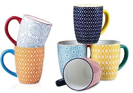 Selamica Kaffeetassen Set 6er, 473 ml Kaffeebecher Porzellan, Große Tassen Set mit Henkel, Becher für Kaffee, Milch, Tee, Spülmaschinenfest, Ofen-, Mikrowellengeeignet, Bunte