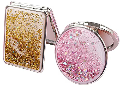 Mlysnd Taschenspiegel, 2 Stücke Taschenspiegel Klappbar Mini Schminkspiegel Tragbarer Taschenspiegel, Klein, Doppelseitig, Runde, Quadratische (Rosa, Gold)