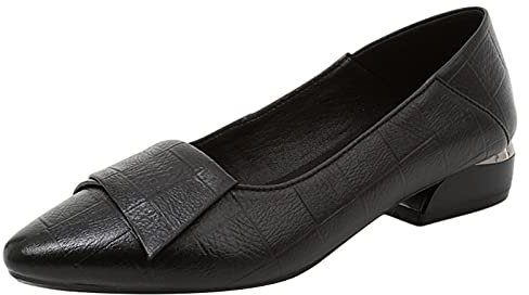 Jamron Womens Pointed Toe Block Heel Checkered Leather Pumps Shoes Soft Sole Ballerinas Black SN602C046 UK6