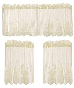 Betos - Mezze tende corte in voile con pizzo, ideali per cucina, bar, cucina e bagno (set beige)