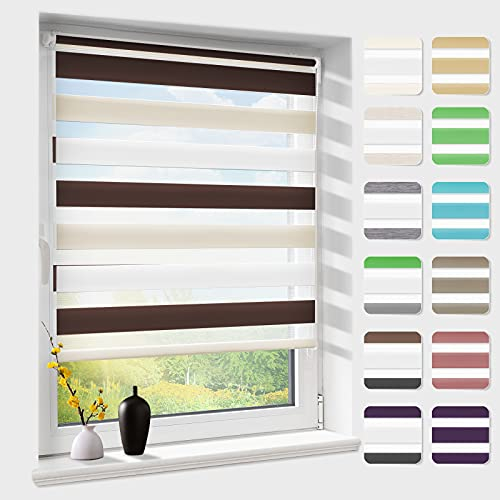 Doppelrollo klemmfix ohne Bohren, Duo Rollos für Fenster & Tür mit Bohren, Weiß Creme Braun B100 x H120cm (Stoffbreite 96cm), Fensterrollo lichtdurchlässig & verdunkelnd, Klemmrollo Sonnenschutz