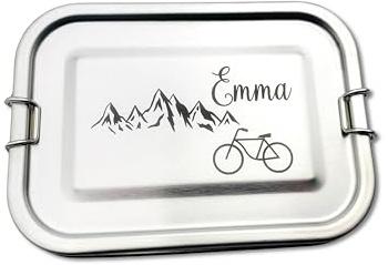 Brotdose Brotbox Lunchbox Blechdose Edelstahl Name Deckel Kind Weihnachten personalisiert Geschenk Geburtstag silber 750ml Berge Rad