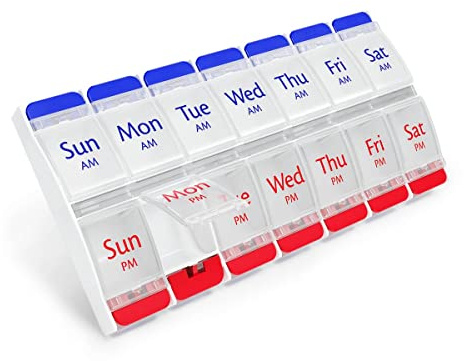 EZY DOSE Push Button (7-Day) Pill, Medicine, Vitamin Organizer, Weekly, 2 Times a Day, AM/PM, Large Compartments, Arthritis Friendly, Clear Lids, Red/Blue