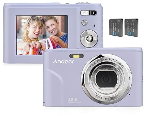 Andoer Digitalkamera, 48 MP 1080P Kompaktkamera 2,4-Zoll-IPS-Bildschirm Fotokamera 16X Digitalzoom mit 2 Batterien Handschlaufe Tragetasche für Erwachsene/Senioren/Kinder(Lila)