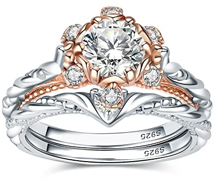 JewelryPalace Klassisch Blume 1.5ct Zirkonia Promise Ring Damen, Crown Verlobungsring Silber 925 Rosegold Frauen, Simulierter Diamant Hochzeitsring Trauring Ehering Ring Band Set 49