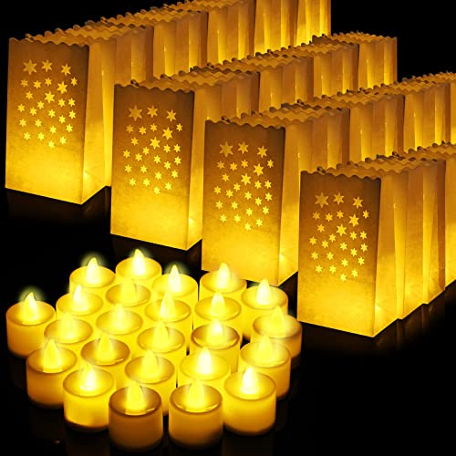 Sabary 50 Sets Luminary Bags with Flameless Tea Lights Outdoor Luminaries LED Lantern Candle Bags for Wedding Birthday Ramadan Christmas Party Decorations Romantic Decor(Star)
