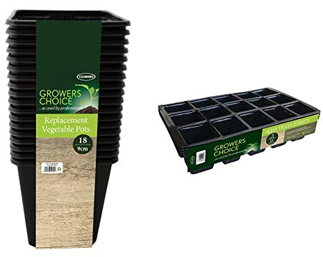 Bosmere Replacement Vegetable Pots, 9cm Square, Pack of 18, N326 & Garden Care Seed Tray Inserts, 15 Cells, Pack of 5, N255