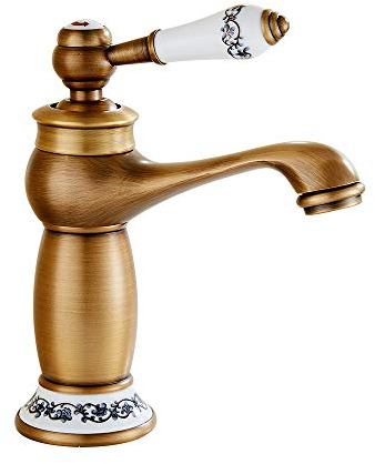 Waschtischarmatur mit Zugstange Mischbatterie Waschbecken aus Messing Keramik, Wasserhahn Bad Armatur Waschbecken Waschbeckenarmatur Wassersparend Rostfrei, Matt Bad Wasserhahn Antik