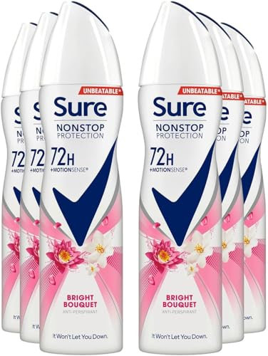 Sure Bright Bouquet Anti-Perspirant Aerosol Women's Deodorant with a strawberry, apricot & vanilla fragrance for 48 hour sweat and odour protection 6x 200 ml