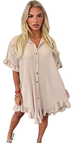 eyes Women’s Gold Button Pleated Short Sleeve Plain Collared Frill Hem Ladies Casual Loose Fit Oversized Baggy Plus Size Swing Summer Dresses for Women Sone One Size 8-22