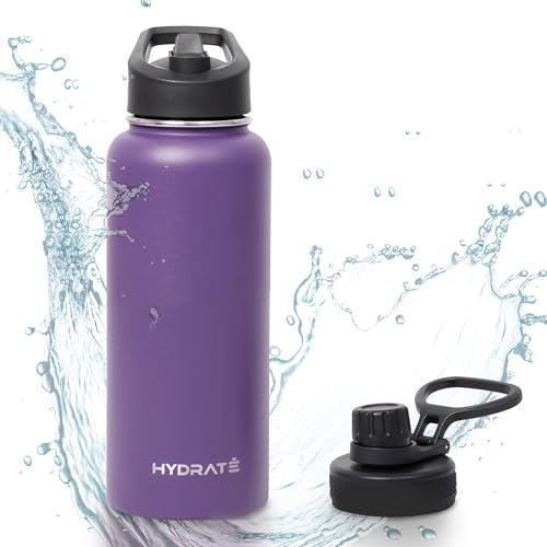 HYDRATE Trinkflasche Edelstahl - doppelwandig, isoliert, zwei Deckel, Trink- und Trinkhalmdeckel aus Silikon-Kunststoff, leicht zu tragen - dunkelviolett - 1 Liter - Set of 1