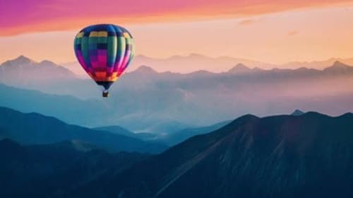 adrium Acryl-Bild 140 x 80 cm: Bunter Heißluftballon, der bei Sonnenuntergang über die Berge fliegt. 3D-Rendering (201485111)