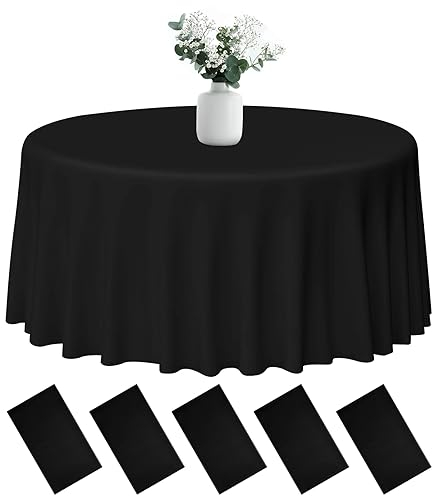 PLULON 5 Stück runde Kunststoff-Tischdecken, schwarze Tischdecke, 213,4 cm, wasserdichte Tischdecke, runde Tischdecke, Großpackung für Geburtstagsfeier, Hochzeit, Picknick Zuhause Esstischdekorationen