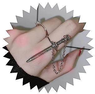 Wendalern Gothic Totenkopf Schwert Ring Mit Abnehmbarer Kette - Punk Silber Vintage Index Cooler Ring - Y2k Schmuck für Frauen Und Männer