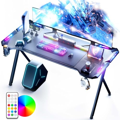 Dowinx Gaming Tisch mit LED, RGB Gaming Computertisch mit Kohlefaser-Oberfläche, LED Gaming Schreibtisch mit Fernbedienung, Gamingtisch mit Tassenhalter und Kopfhörerhaken, 160cm, Schwarz