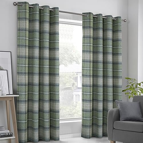 always4u Rideau à Carreaux 100% Occultant Isolation Thermique avec Oeillets Lot de 2 L140xH175cm Double Rideaux en Faux Laine pour Chambre Salon, Moderne, Gris Vert