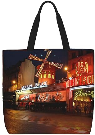 DEHIWI Moulin Rouge Einkaufstasche für Damen, wasserdicht, lässig, mit Reißverschluss, Einkaufshandtaschen für Büro, Einkaufen, Reisen, Schwarz , Einheitsgröße