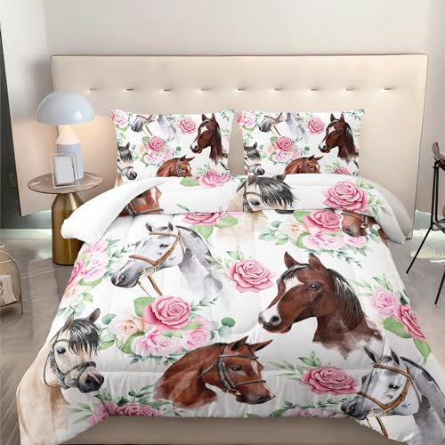 Nttopship Pferd- und Blumen-Bettwäsche-Set für Mädchen, Kinder, Pferd und Blumen, 3-teiliges Bettwäsche-Set, Queen-Size-Bett, leichte Steppdecke, Daunen-Alternative mit 2 Kissenbezügen, für alle