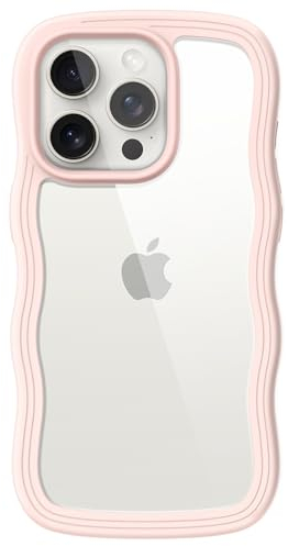 JETech Cute Case for iPhone 15 Pro 6.1-Inch, Wave Frame Curly Shape Shockproof Phone Cover for Women and Girls, Clear Hard PC Back (Pink)