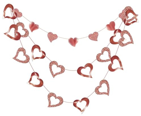 Oshhni 3 x Valentinstag-Herz-Banner, Valentins-Wimpelkette, Banner-Schnur, Papier-Herz-Valentins-Girlande für den Heiratsantrag zu Hause, Roségold