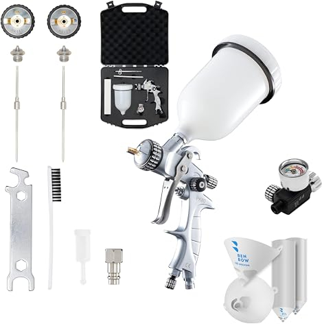 BenBow Lackierpistole Set PK60 HVLP 1,4 mm + 1,8 mm Düse + 600 ml Lackbehälter + Koffer + Druckminderer 9,6 BAR + Lacksieb 190µ x 50 Stück– ideal für Autolackierung Industrielacke