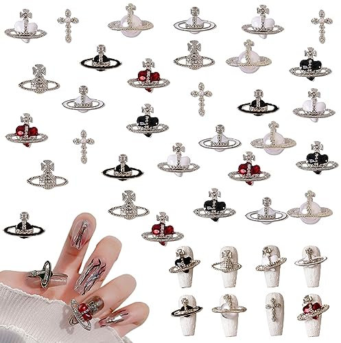 Planet Nail Art Charms, 32 Pcs Silver Planet Nail Charms Nail Gems Cross Nail Rhinestones Luxury Nail Jewelry Accessories for Women Girls DIY Jewelry Making Nail Decorations (Silver B)
