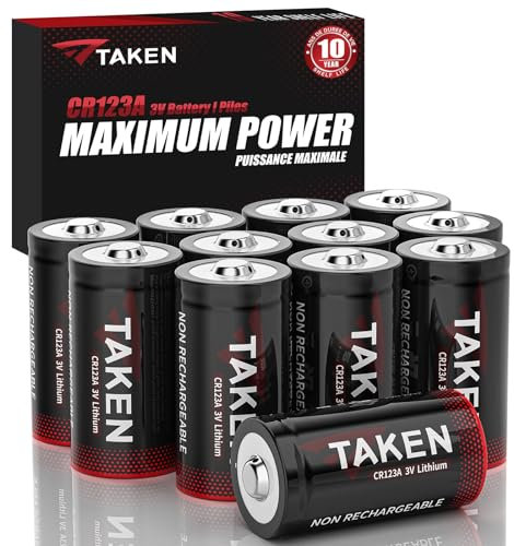 Taken CR123A 3V Lithium Batteries,High Capacity Cr123A 123 C123 CR17345 Batteries,10 Years Shelf Life (Red-CR123A, 12 Pack)