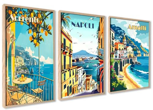 ag.art deco Italien Poster 30x40 | 3x Bilder mit Holz Rahmen | Amalfi Naples Sorrento Zitronen Travel Poster Set Wohnzimmer Schlafzimmer | Mediterran Reisen Aesthetic