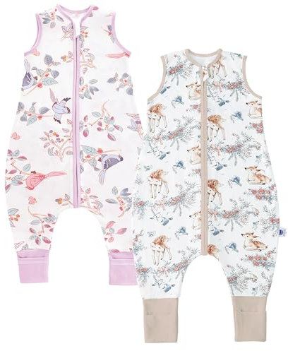 Chilsuessy Baby Schlafsack mit Füßen 2er Pack 1.5 Tog Kinder Ganzjahres Schlafsack 100% Baumwolle Baby Schlafsack mit Beinen, 1.5 Tog/Sika-Hirsch + Schöne Elster, 70cm/Baby Höhe 75-85cm