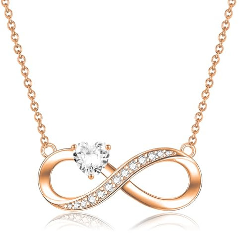 ADVIOK Infinity Necklace 925 Sterling Silver Rose Gold Plated Chain 16'' with AAA Heart Cubic Zirconia Infinity Pendant Present Jewellery Gifts