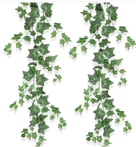 2 Pcs Artificial Ivy Garland, Fake Ivy Garland Decorations for Room Garden | Odorless Silk Hanging Fake Vines UV Resistant Green Leaves Fake Plants for Indoor Outdoors Wedding Arch Wall Decor(Green)
