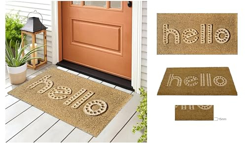 A.Unique Home 15mm Natural Coir Doormat with Printed Pattern 40cm x 80cm | Non-Slip PVC Backed (Hello Embossed)
