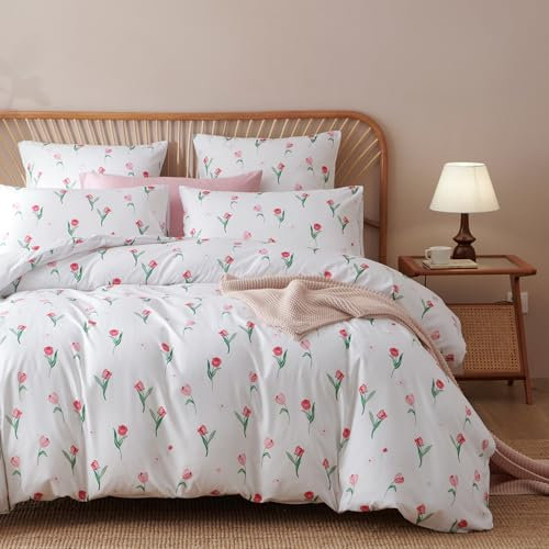 Sedefen Blumen Bettwäsche 135x200cm 2teilig Rosa Weiß Tulpen Blumenmuster Wende Bettwäsche Set Bunt Floral Microfaser Mädchen Renforce Bettbezug mit Reißverschluss und 1 Kissenbezug 80x80cm