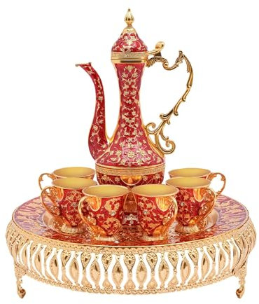 RjcdOPL Europäisches Teeservice im Vintage-Stil, aus Metall, Set mit 6 Tassen und Teekanne mit Tablett, für Zuhause, Büro, Geschenk für Hochzeit, Umzug (Rot)