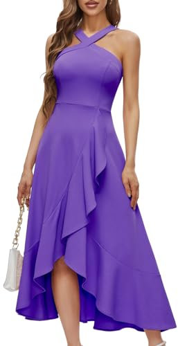 Bbonlinedress Sommerkleid Damen lang Abendkleider elegant für Hochzeit festliches Kleid Neckholder High Low Cocktailkleid Party Strandkleid Lavender L