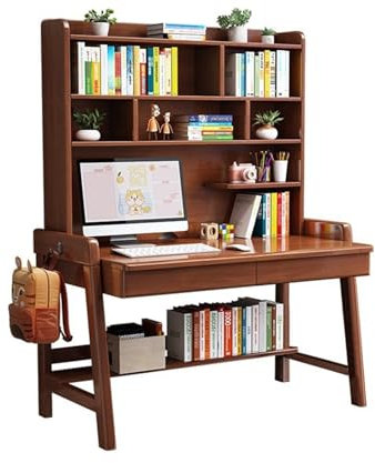Bureau en bois massif avec bibliothèque intégrée Couleur noyer 100 x 60 x 186 cm Idéal pour la maison, le bureau ou la chambre à coucher
