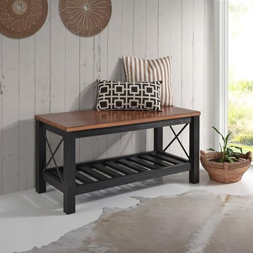 Mercers Furniture Pine Bench With Slatted Storage Shelf Painted Black Wooden 59cm High x107cm Wide x 42cm Deep