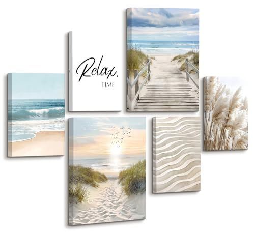 6Pcs Stampa su tela Con Cornice Paesaggio Costiero Marino Pittura Erba della Pampa Beige Quadri su tela Poster da parete Quadretti Quadri Moderni Soggiorno Camera da letto 30x40cmx2+20x30cm x4