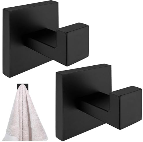 Funngy Square Bathroom Towel Hook,2 PCS Black Heavy Duty Wall and Door Hooks Screw-in Metal Coat Robe Bathroom Towel Hooks for Bath Kitchen Hotel Garage Matte Black Finish