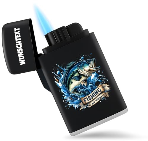 Shirtracer Sturmfeuerzeug personalisiert Fishing is My Therapy | Schwarz, 6,5 x 4 cm, Angeln, Angler, Fischen, Petri Heil, Gas, nachfüllbar, Jet, Jetflamme, bei Wind