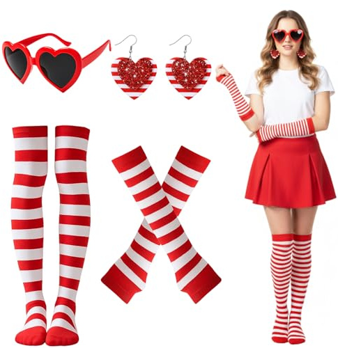 ZexJpr Rot Weiss Kostüm Damen, Karneval Rot Weiss Damen, Karneval Kostüm Damen, Handschuhe, Herz Brille, Ohrringe, Rotweiße Streifen Festliche Streifen Outfits für Themenpartys und Bühnenauftritte