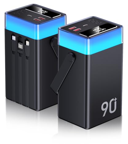 Batterie Externe 90000mAh 30W Charge Rapide 3 Câble Intégré, Power Bank USB C Chargeur Portable, PowerBank 5 Sorties et 2 Entrées avec Écran LED et 9 Couleurs Dimmable pour iPhone Android Camping