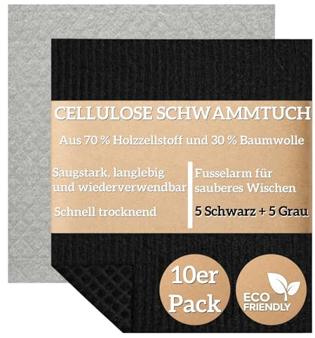 Küchenlappen 10er Set Schwarz-Grau, 70% Zellulose/30% Baumwolle, Spültücher | 5 schwarze + 5 graue Tücher, saugstark, schnelltrocknend, waschbar, wiederverwendbar, für Spüle, Arbeitsflächen, Glas