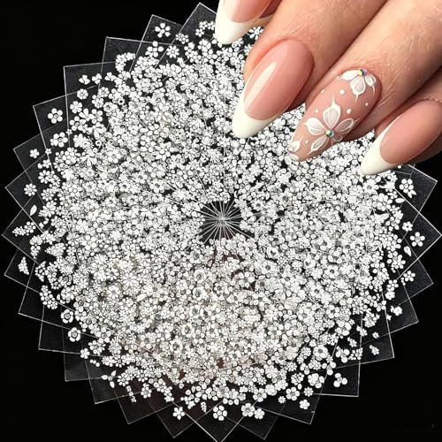 PINE WAVES 30 Sheets White Flower Nail Art Stickers with Rhinestones, 3D Self-Adhesive Nail Decals for Women DIY Manicure