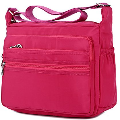 XUEREY Women's Multi-Pocket Casual Crossbody Handbags Waterproof Shoulder Nylon Bags (Rose)